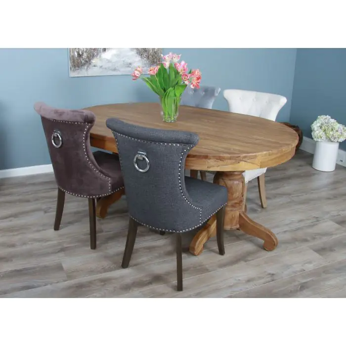 1.8m Reclaimed Teak Oval Pedestal Dining Table with 6 Windsor Ring Back Chairs  - 6