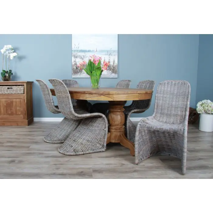 1.8m Reclaimed Teak Oval Pedestal Dining Table with 6 Zorro Chairs  - 1