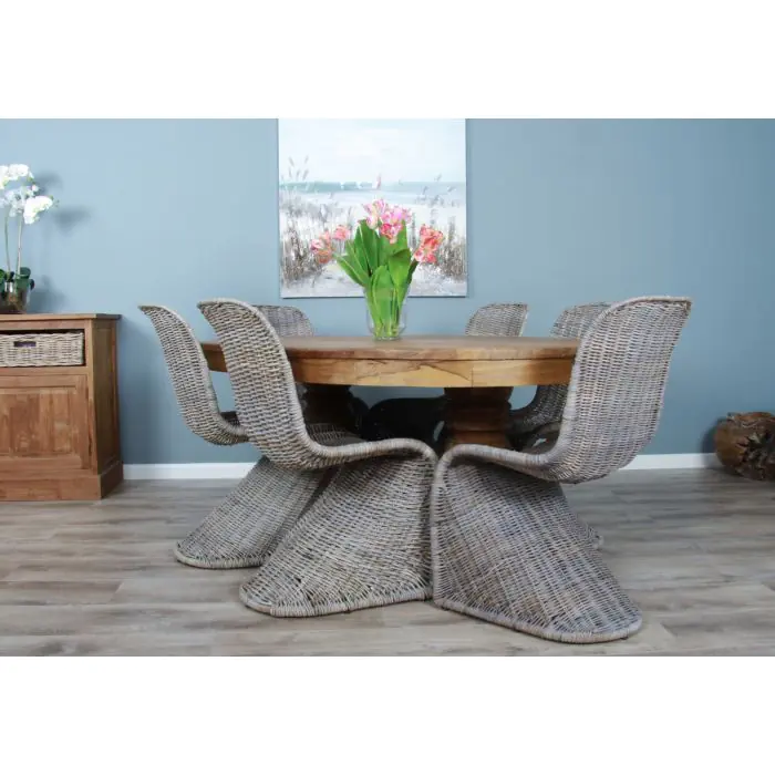 1.8m Reclaimed Teak Oval Pedestal Dining Table with 6 Zorro Chairs  - 3