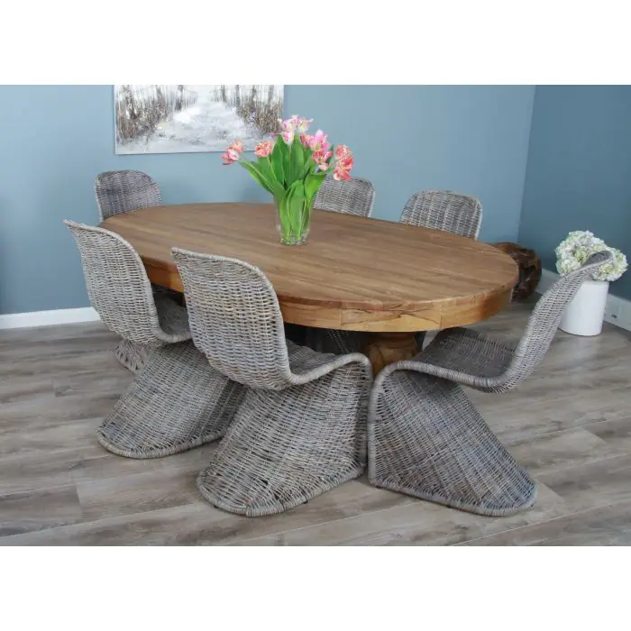 1.8m Reclaimed Teak Oval Pedestal Dining Table with 6 Zorro Chairs  - 5