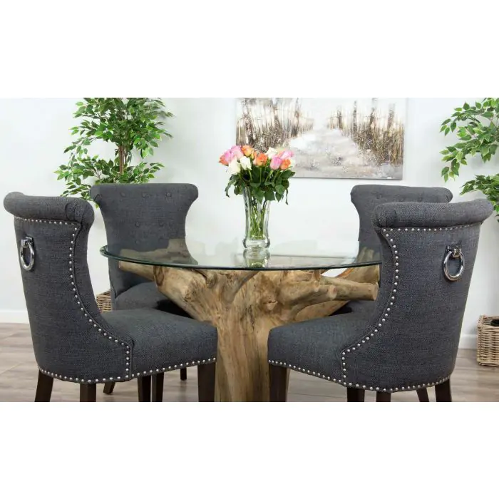1.2m Reclaimed Teak Flute Root Circular Dining Table with 4 Windsor Ring Back Dining Chairs - 2