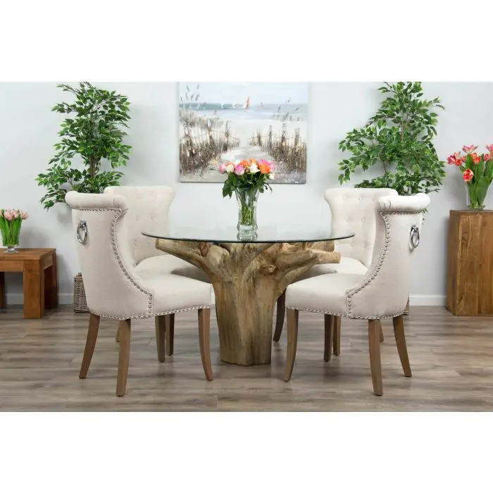 1.2m Reclaimed Teak Flute Root Circular Dining Table with 4 Windsor Ring Back Dining Chairs - 5