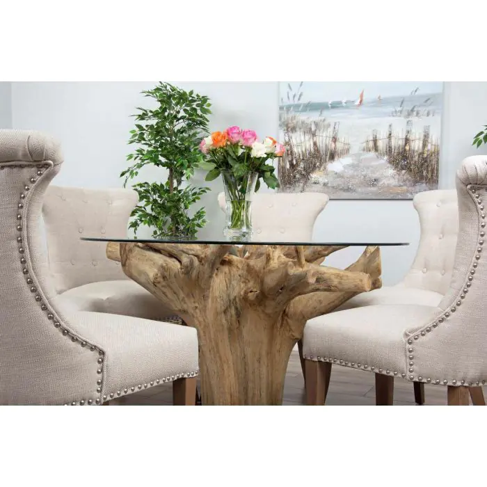 1.2m Reclaimed Teak Flute Root Circular Dining Table with 4 Windsor Ring Back Dining Chairs - 14