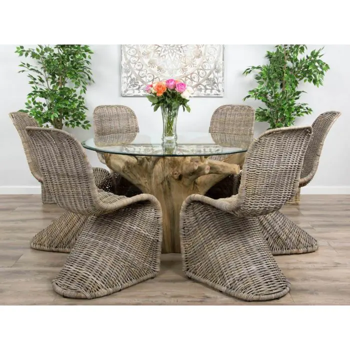 1.2m Reclaimed Teak Flute Root Circular Dining Table with 4 Stackable Zorro Chairs - 5
