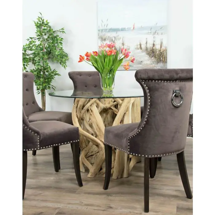 1.2m Java Root Circular Dining Table with 4 Velveteen Ring Back Dining Chairs  - 7