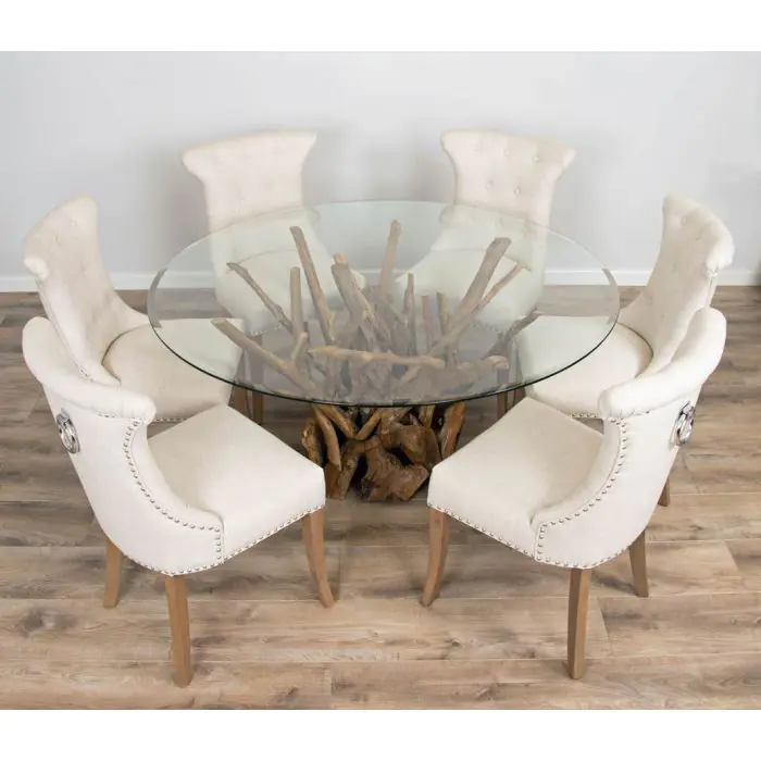 1.5m Reclaimed Teak Root Piece Circular Dining Table with 6 Windsor Ring Back Chairs - 3