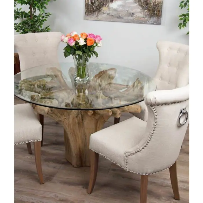 1.2m Reclaimed Teak Flute Root Circular Dining Table with 4 Windsor Ring Back Dining Chairs - 6