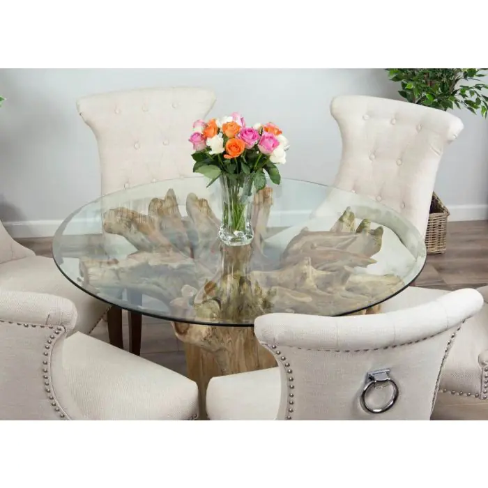 1.2m Reclaimed Teak Flute Root Circular Dining Table with 4 Windsor Ring Back Dining Chairs - 12