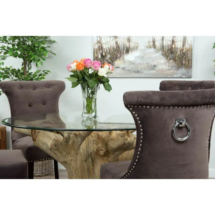 1.2m Reclaimed Teak Flute Root Circular Dining Table with 4 Windsor Ring Back Dining Chairs  - 4