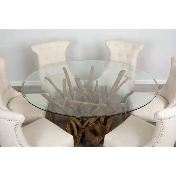 1.5m Reclaimed Teak Root Piece Circular Dining Table with 6 Windsor Ring Back Chairs - 4