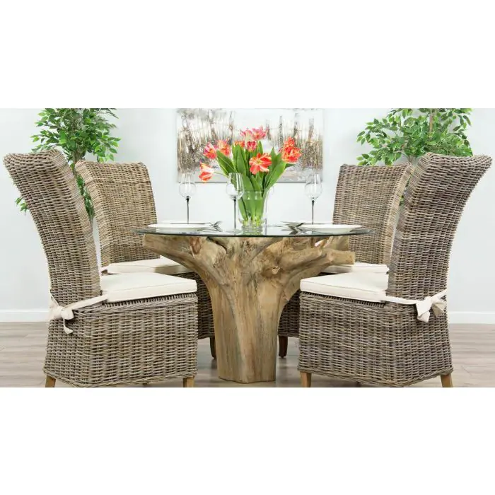 1.2m Reclaimed Teak Flute Root Circular Dining Table with 4 Latifa Dining Chairs - 2
