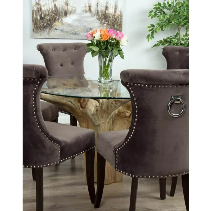 1.2m Reclaimed Teak Flute Root Circular Dining Table with 4 Windsor Ring Back Dining Chairs  - 5