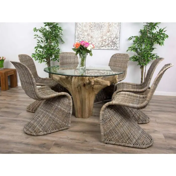 1.2m Reclaimed Teak Flute Root Circular Dining Table with 4 Stackable Zorro Chairs - 7