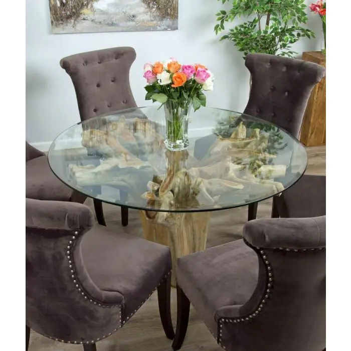 1.2m Reclaimed Teak Flute Root Circular Dining Table with 4 Windsor Ring Back Dining Chairs  - 6