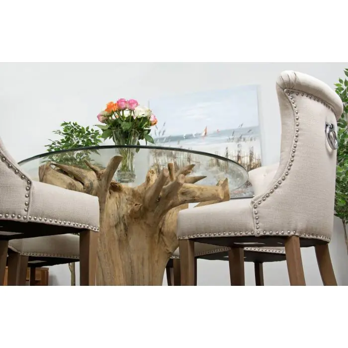 1.2m Reclaimed Teak Flute Root Circular Dining Table with 4 Windsor Ring Back Dining Chairs - 8