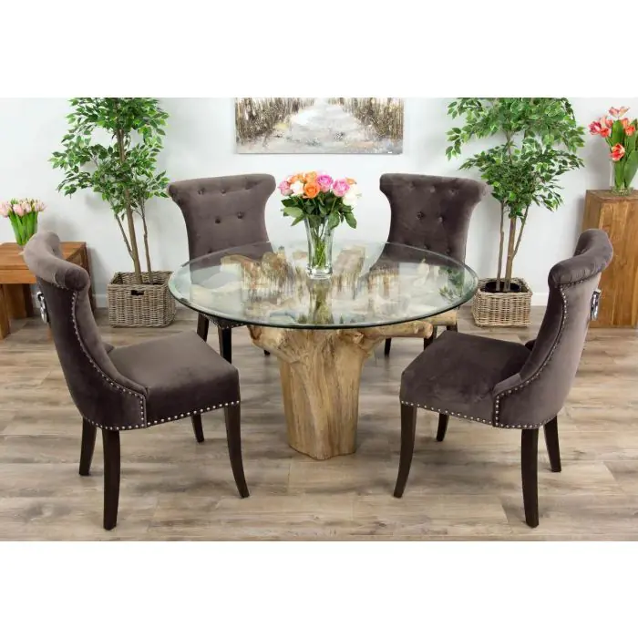 1.2m Reclaimed Teak Flute Root Circular Dining Table with 4 Windsor Ring Back Dining Chairs  - 1