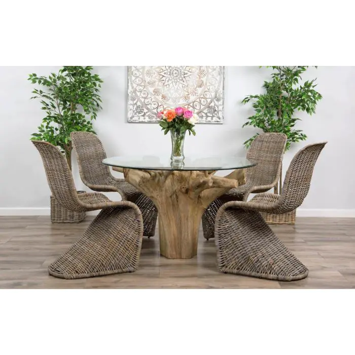 1.2m Reclaimed Teak Flute Root Circular Dining Table with 4 Stackable Zorro Chairs - 2