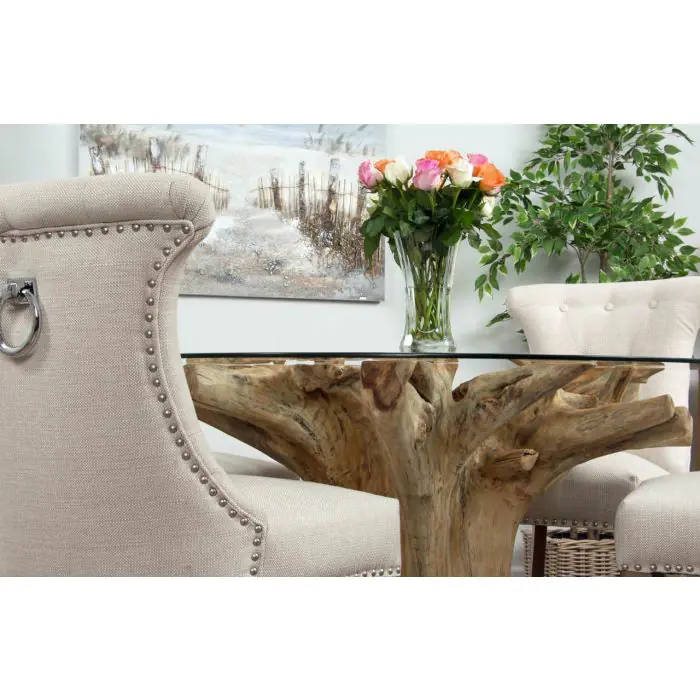 1.2m Reclaimed Teak Flute Root Circular Dining Table with 4 Windsor Ring Back Dining Chairs - 1