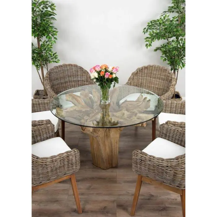 1.2m Reclaimed Teak Flute Root Circular Dining Table with 4 Scandi Armchairs - 13