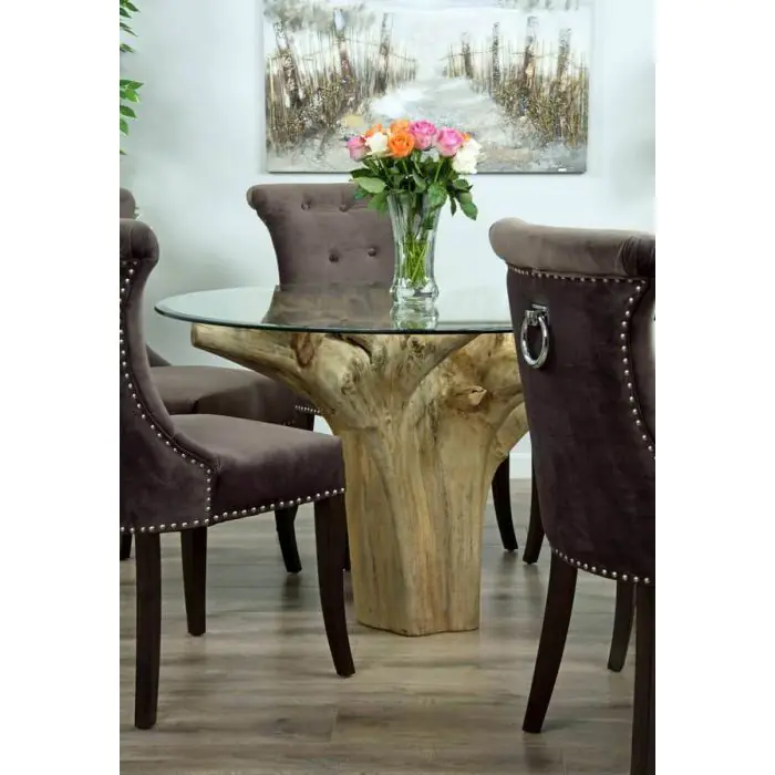 1.2m Reclaimed Teak Flute Root Circular Dining Table with 4 Windsor Ring Back Dining Chairs  - 7