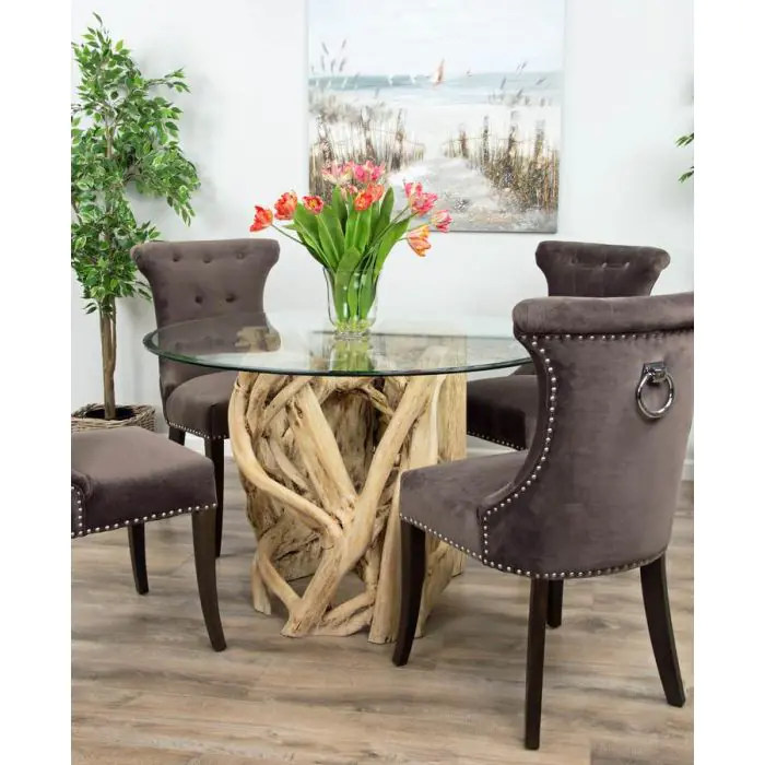 1.2m Java Root Circular Dining Table with 4 Velveteen Ring Back Dining Chairs  - 3