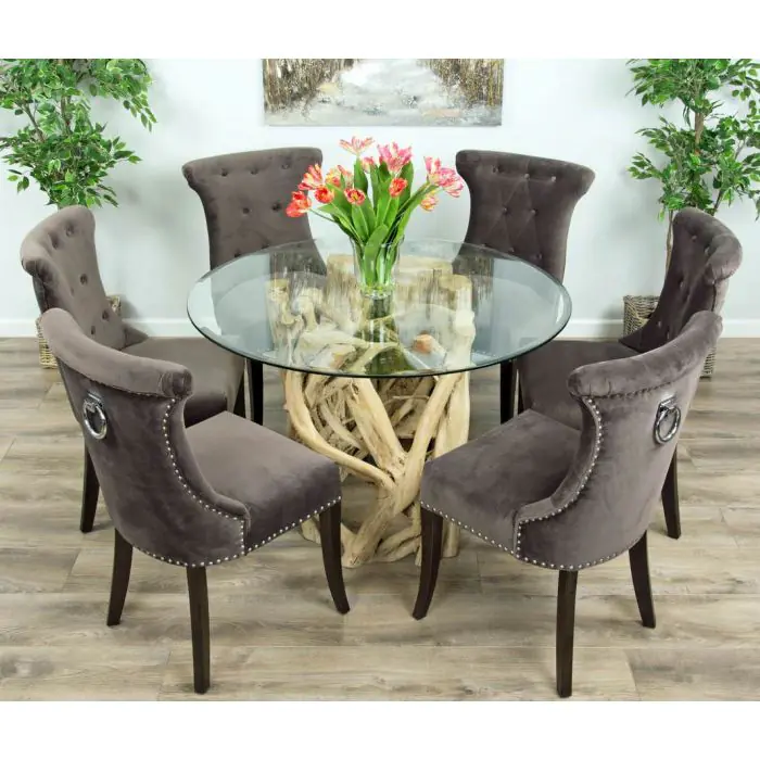 1.2m Java Root Circular Dining Table with 4 Velveteen Ring Back Dining Chairs  - 6