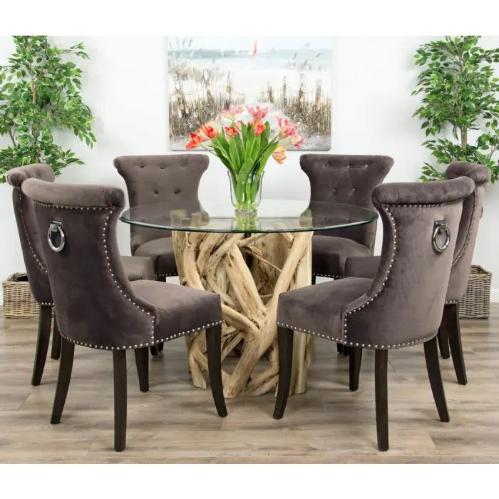 1.2m Java Root Circular Dining Table with 4 Velveteen Ring Back Dining Chairs  - 4