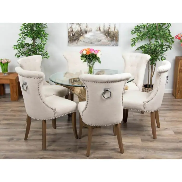 1.2m Reclaimed Teak Flute Root Circular Dining Table with 4 Windsor Ring Back Dining Chairs - 10
