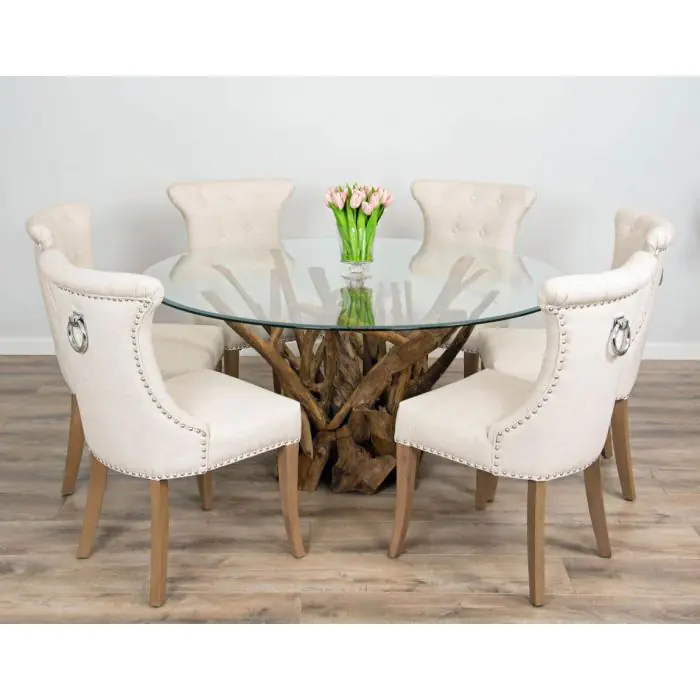 1.5m Reclaimed Teak Root Piece Circular Dining Table with 6 Windsor Ring Back Chairs - 5