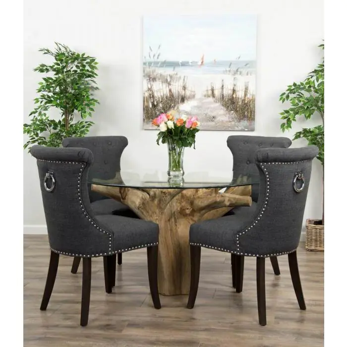1.2m Reclaimed Teak Flute Root Circular Dining Table with 4 Windsor Ring Back Dining Chairs - 0