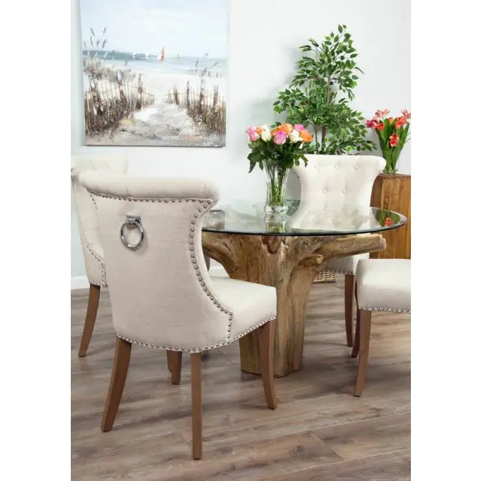 1.2m Reclaimed Teak Flute Root Circular Dining Table with 4 Windsor Ring Back Dining Chairs - 4
