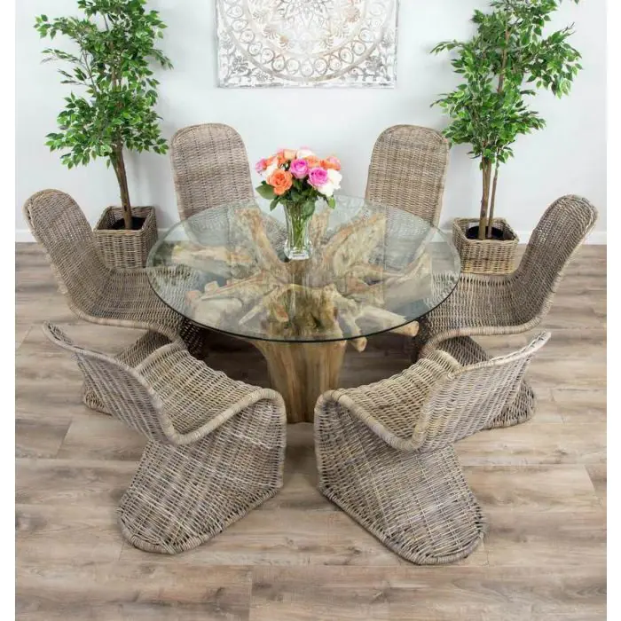 1.2m Reclaimed Teak Flute Root Circular Dining Table with 4 Stackable Zorro Chairs - 4