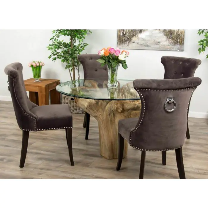 1.2m Reclaimed Teak Flute Root Circular Dining Table with 4 Windsor Ring Back Dining Chairs  - 0
