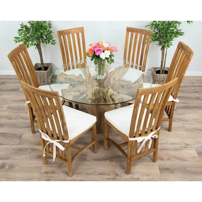 1.2m Reclaimed Teak Flute Root Circular Dining Table with 4 Santos Dining Chairs  - 10