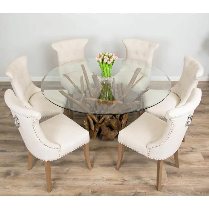 1.5m Reclaimed Teak Root Piece Circular Dining Table with 6 Windsor Ring Back Chairs - 7