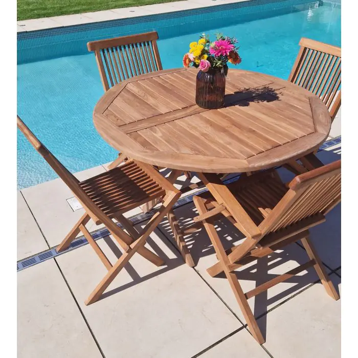 1.2m Teak Circular Folding Table with 2 Classic Folding Chairs & 2 Armchairs - 1