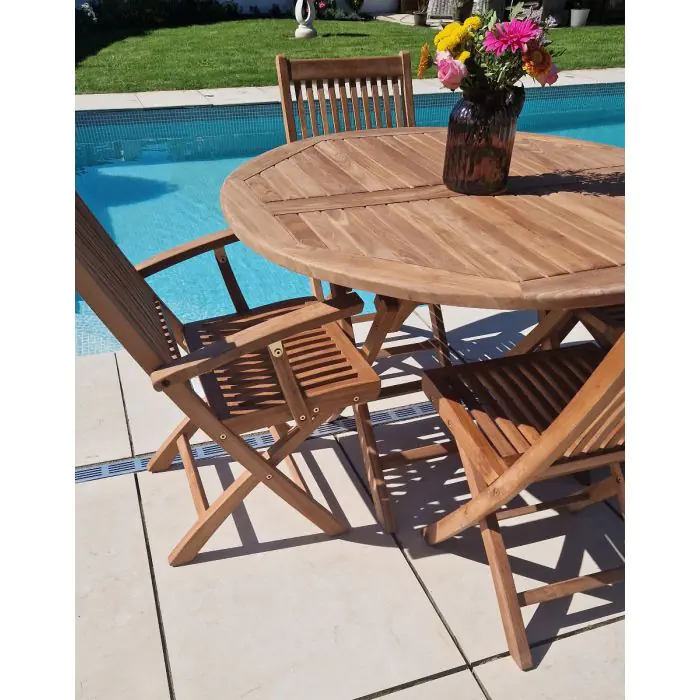 1.2m Teak Circular Folding Table with 2 Kiffa Folding Chairs & 2 Kiffa Folding Armchairs - 1