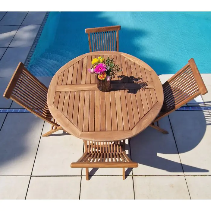 1.2m Teak Circular Folding Table with 4 Classic Folding Chairs / Armchairs - 2