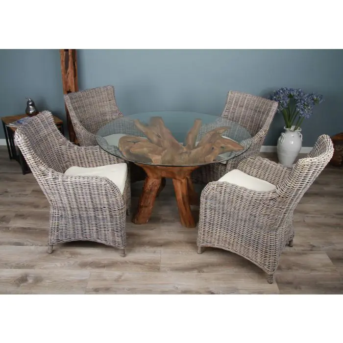 1.2m Reclaimed Teak Root Circular Dining Table with 4 Donna Armchairs - 8
