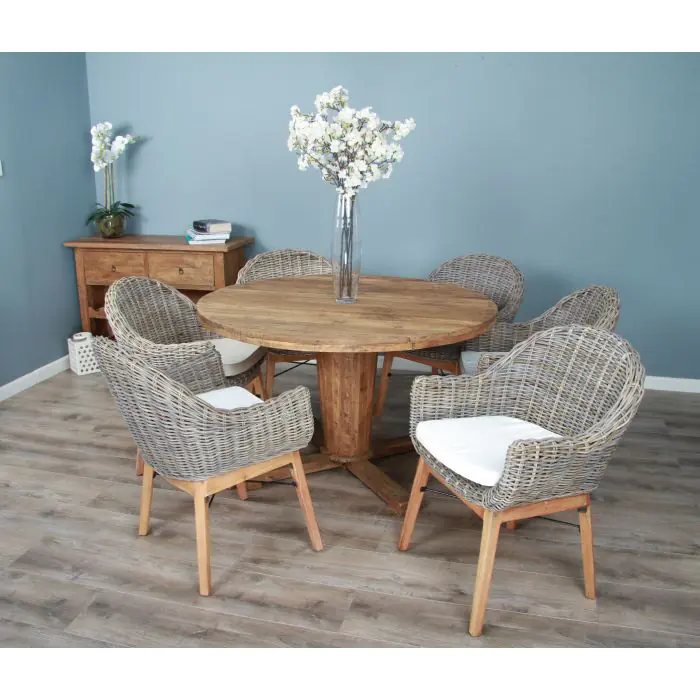 1.3m Reclaimed Teak Character Dining Table with 5 Scandi Armchairs - 7