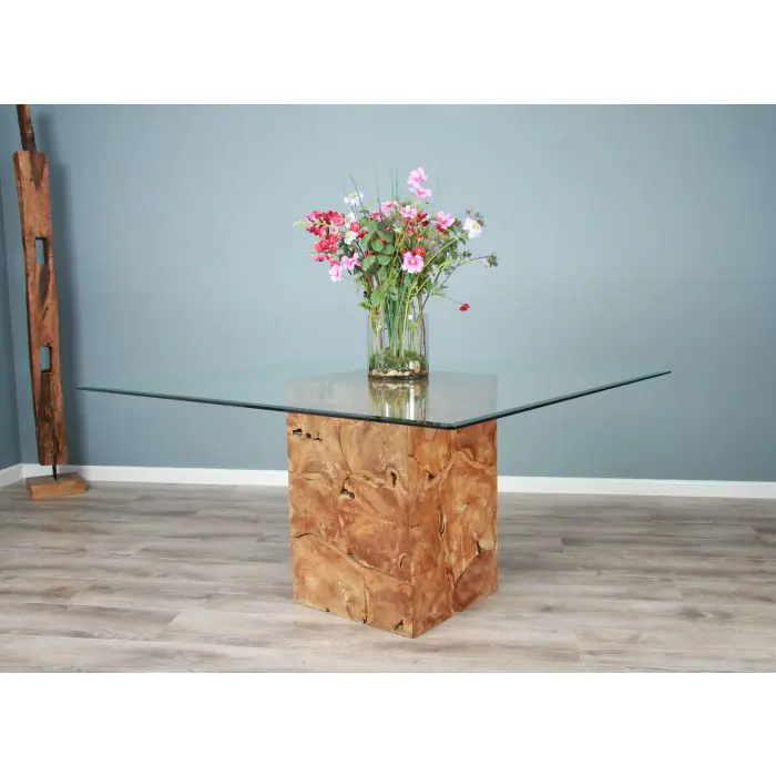 1.4m Square Teak Root Block Dining Table with 6 Santos Chairs - 12
