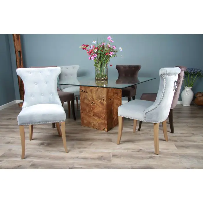 1.4m Reclaimed Teak Root Square Block Dining Table With 6 Windsor Chairs - 10