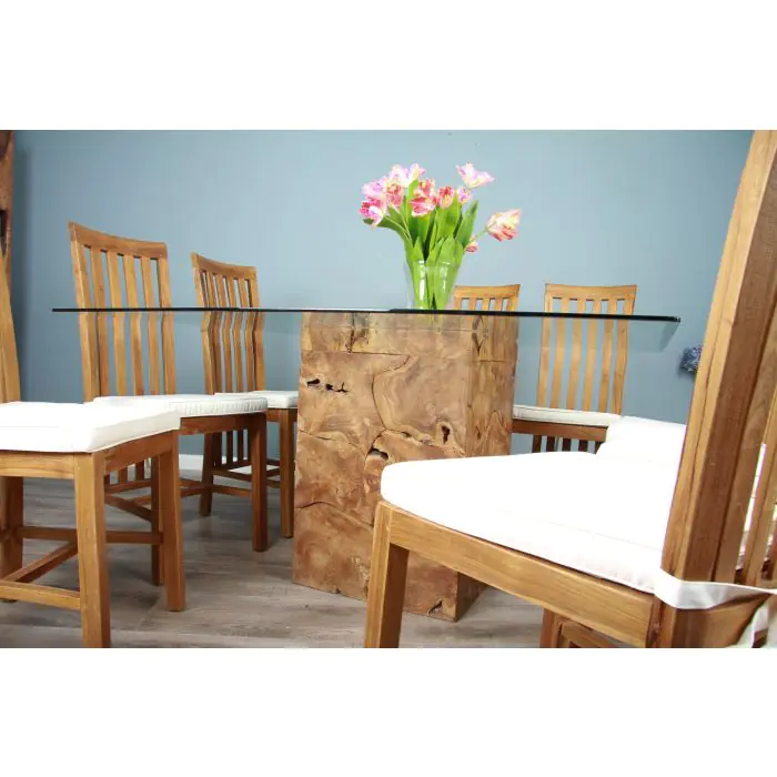 1.4m Square Teak Root Block Dining Table with 6 Santos Chairs - 10