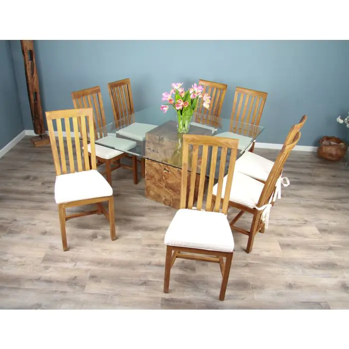 1.4m Square Teak Root Block Dining Table with 6 Santos Chairs - 8