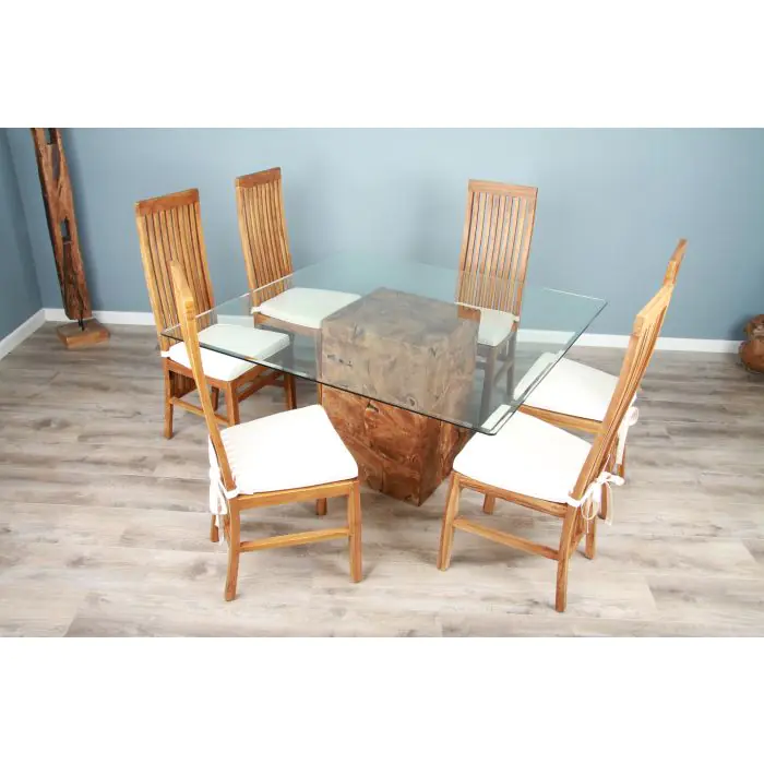 1.4m Reclaimed Teak Root Square Block Dining Table With 6 Vikka Chairs  - 7
