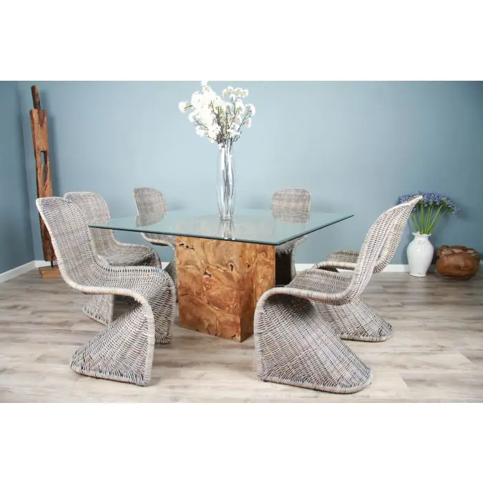 1.4m Reclaimed Teak Root Square Block Dining Table with 6 Zorro Chairs - 3