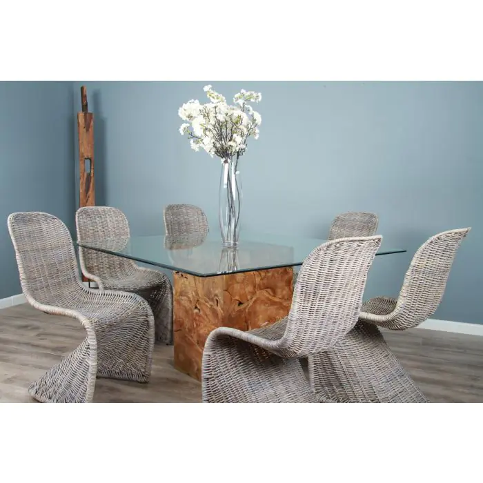 1.4m Reclaimed Teak Root Square Block Dining Table with 6 Zorro Chairs - 5