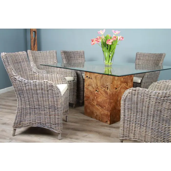 1.4 Reclaimed Teak Root Square Block Dining Table with 6 Donna Armchairs  - 3