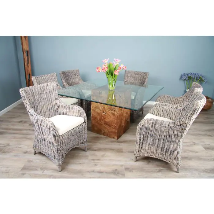 1.4 Reclaimed Teak Root Square Block Dining Table with 6 Donna Armchairs  - 4