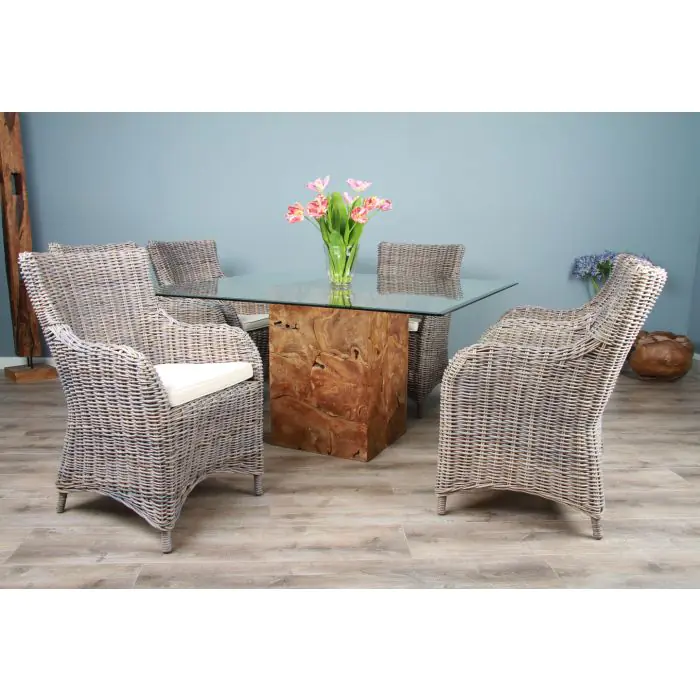 1.4 Reclaimed Teak Root Square Block Dining Table with 6 Donna Armchairs  - 5